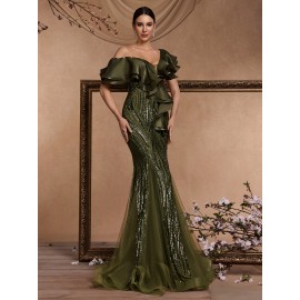 [Elegant Mermaid Gown] Form-Fitting Mermaid Gown | Elegant Deep V-Neck Sequin Evening Dress with Ruffle Sleeves and Geometric Pattern, Perfect for Weddings and Formal Events