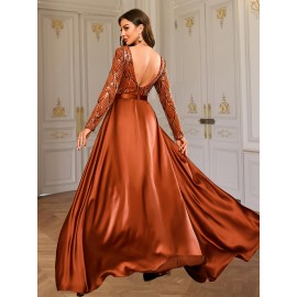 [Sequin A-Line Dress] Sequin Elegant Long Sleeve A-Line Dress | Crew Neck, Solid Color, Fitted, with Contrast Sequin Details | for Adult Women, Spring/Summer, Evening Wear