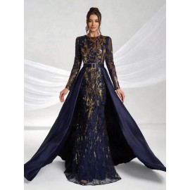 Elegant Women'S Formal Banquet Dress with Sequin Detail - Long Sleeve, Round Neck, Detachable Cape, Navy Blue/Golden Floral Print, Polyester, Perfect for Weddings and Special Occasions