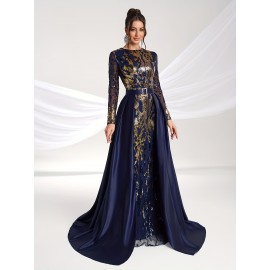 Elegant Women'S Formal Banquet Dress with Sequin Detail - Long Sleeve, Round Neck, Detachable Cape, Navy Blue/Golden Floral Print, Polyester, Perfect for Weddings and Special Occasions