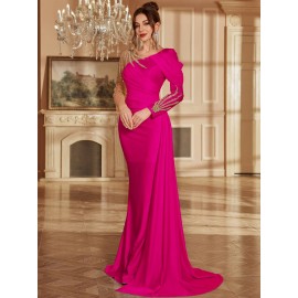 Women's Formal Evening gown - V-Neck Long Formal dress with Zipper back, Elegant Mermaid Party, Wedding, State Gala - Machine Washable Formal Attire in Bright Pink