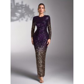 Elegant Purple Sequin Gradient Bridesmaid Evening Gown - Long Sleeve, Round Neck, Form-Fitting Maxi Dress for Weddings and Formal Events, Bridesmaid Dress, Wedding Attire, Sophisticated Style, Detailed Sequins, Medium Elasticity