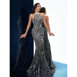 [Elegant Dress] Elegant Sleeveless Formal Dinner Dress | Champagne Halterneck Fishtail for Women - Sparkling Sequins, Mermaid Silhouette, Perfect for Galas & Weddings, Sophisticated Style, Intricate Embellishments
