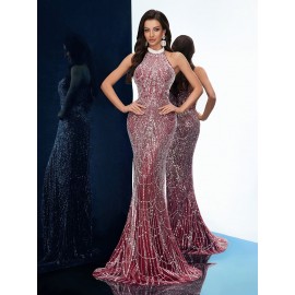 [Elegant Dress] Elegant Sleeveless Formal Dinner Dress | Champagne Halterneck Fishtail for Women - Sparkling Sequins, Mermaid Silhouette, Perfect for Galas & Weddings, Sophisticated Style, Intricate Embellishments