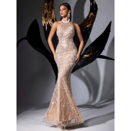 [Elegant Dress] Elegant Sleeveless Formal Dinner Dress | Champagne Halterneck Fishtail for Women - Sparkling Sequins, Mermaid Silhouette, Perfect for Galas & Weddings, Sophisticated Style, Intricate Embellishments