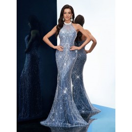 [Elegant Dress] Elegant Sleeveless Formal Dinner Dress | Champagne Halterneck Fishtail for Women - Sparkling Sequins, Mermaid Silhouette, Perfect for Galas & Weddings, Sophisticated Style, Intricate Embellishments