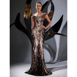 Exquisite Elegant U-Neck Waist-Cinched Fishtail Dress with Beaded Rhinestone Embellishments – Glamorous Evening Gown for Banquets, Awards Ceremonies, Weddings, and Graduation Parties