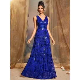 Elegant Royal Blue Sequin Gown for Women - V-Neck, Waist-Cinching Long Dress with Flowing Skirt, Perfect for Parties, Galas, and Formal Events, Formal Event Attire|Sequin Embellished Dress|Sleek Fitted Top