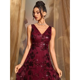 Elegant Wine Red Sequin V-Neck Gown for Women - Waist, Long Evening Dress for Parties, Banquets, and Formal Events, Perfect for Graduations and Cocktail Parties, Elegant Event Attire | Vneck Design | Shimmering Sequins
