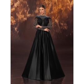 Women's Elegant Black Evening Gown - Satin & Mesh Cocktail Dress with Stand-Up Collar, Rhinestone Embellishments, Fitted Silhouette & Micro-Stretch Fabric for Galas, Weddings, Formal Parties