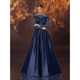 Women's Elegant Black Evening Gown - Satin & Mesh Cocktail Dress with Stand-Up Collar, Rhinestone Embellishments, Fitted Silhouette & Micro-Stretch Fabric for Galas, Weddings, Formal Parties