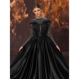 Women's Elegant Black Evening Gown - Satin & Mesh Cocktail Dress with Stand-Up Collar, Rhinestone Embellishments, Fitted Silhouette & Micro-Stretch Fabric for Galas, Weddings, Formal Parties
