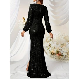 [Elegant Sequin Evening Gown] Elegant Emerald Green Sequin V-Neck Maxi Dress | Long Sleeve Bodycon Evening Gown with High Slit for Parties & Formal Events