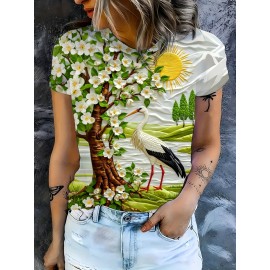 Women'S Elegant White Flower & Bird Print T-Shirt - Fresh Countryside Landscape Design, Comfortable Round Neck, Short Sleeve, Lightweight Polyester Blend for Casual Outdoor Wear, Ladies T