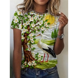 Women'S Elegant White Flower & Bird Print T-Shirt - Fresh Countryside Landscape Design, Comfortable Round Neck, Short Sleeve, Lightweight Polyester Blend for Casual Outdoor Wear, Ladies T