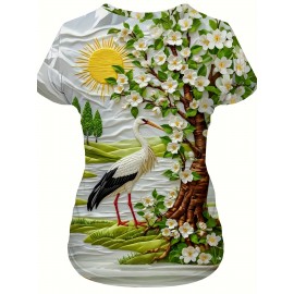 Women'S Elegant White Flower & Bird Print T-Shirt - Fresh Countryside Landscape Design, Comfortable Round Neck, Short Sleeve, Lightweight Polyester Blend for Casual Outdoor Wear, Ladies T