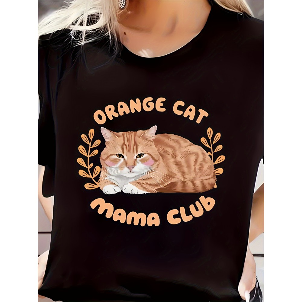 Women's Casual Short Sleeve T-Shirt - Cute Orange Cat & Mama Club Graphic Print, Soft Stretch Round Neck Tee, Machine Washable All-Season Comfort Top, Ladies T Shirts, Relaxed Style, Playful Design, Breathable Tee, Printed Shirt, Moms Outfit