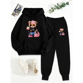 Cozy Fleece-Lined Women's Hoodie & Jogger Set - Cute Bear Print, Drawstring, Long Sleeves - Casual Fall/Winter Ensemble in Black