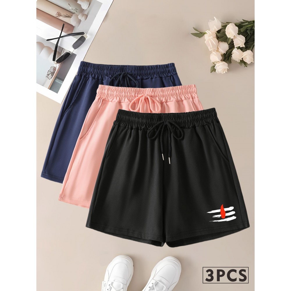 Women's Summer Shorts 3pcs | Quick-Dry Polyester | Elastic Waistband with Drawstring | Geometric Print | Multi-Color Casual & Beach Wear | Lightweight, Non-Stretch Fabric | All-Season Comfort Fit