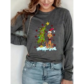 Women'S Christmas Puppy & Tree Graphic Long Sleeve T-Shirt - Soft Breathable Fabric, Stretchy Comfort Fit, Round Neck Casual Holiday Top for All Seasons, Sizes S-XXL, Christmas Shirts, Allseason Apparel, Playful Design, Durable Print