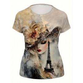 Women's French Art Style T-Shirt - Oil Painting & Eiffel Tower Print, Casual Short Sleeve Round Neck Top, Machine Washable All-Season Women's Clothing