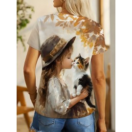 [Cozy Owl & Cat Tee] Soft & Cozy Women's Owl & Cat Print T-Shirt | Autumn Maple Leaves Design, Round Neck Casual Top for Fall Fashion, Comfortable Casual Wear