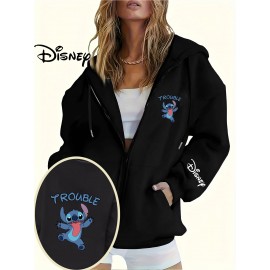 Disney Stitch TROUBLE Women'S Casual Zip-Up Hoodie - Front Zipper Design, Pink Cartoon Print, Cozy Fall/Winter Jacket with Hood, Cute Hoodies