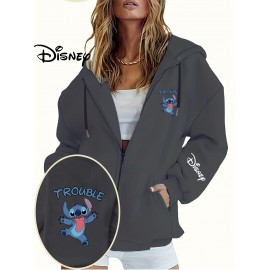 Disney Stitch TROUBLE Women'S Casual Zip-Up Hoodie - Front Zipper Design, Pink Cartoon Print, Cozy Fall/Winter Jacket with Hood, Cute Hoodies