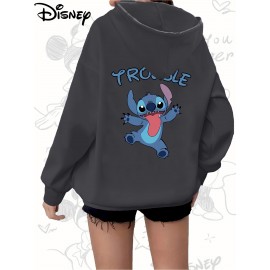 Disney Stitch TROUBLE Women'S Casual Zip-Up Hoodie - Front Zipper Design, Pink Cartoon Print, Cozy Fall/Winter Jacket with Hood, Cute Hoodies