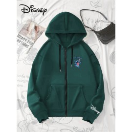 Disney Stitch TROUBLE Women'S Casual Zip-Up Hoodie - Front Zipper Design, Pink Cartoon Print, Cozy Fall/Winter Jacket with Hood, Cute Hoodies
