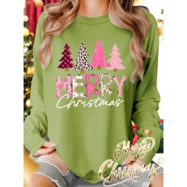 Christmas Autumn and Winter Outfits Pink Christmas Tree Letter Print Round Neck Casual Sporty Fresh Elegant Plus Size Women'S T-Shirt Autumn and Winter Long Sleeve Fashion Commute Vacation Daily Versatile Retro Style Top Multiple Colors Available 1XL-5XL