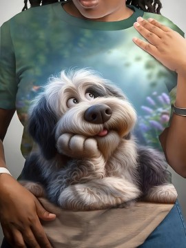 A cute dog-printed T-shirt for plus-size ladies, an elegant round-neck short-sleeved top with a cute cartoon dog design, and soft fabric, is very suitable for casual wear