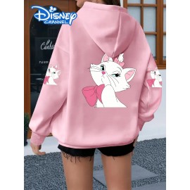 Women's Plus Size Hooded Zipper Jacket - 3-Panel Cartoon Cat Print with Pink Bows, 100% Polyester Machine-Washable Spring/Fall Casual Outerwear, Gift for Fans, Fall Fashion, Playful Design, Comfortable Fit, Cozy Outerwear, Fashion Lovers