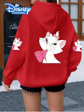 Women's Plus Size Hooded Zipper Jacket - 3-Panel Cartoon Cat Print with Pink Bows, 100% Polyester Machine-Washable Spring/Fall Casual Outerwear, Gift for Fans, Fall Fashion, Playful Design, Comfortable Fit, Cozy Outerwear, Fashion Lovers