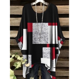 Plus Size - Women'S Plus Size Geometric Print T-Shirt - Casual Crew Neck, Short Sleeve, Asymmetrical Hem, Black & White Design with Red Accents, Comfortable Summer Top, Ladies T Shirts