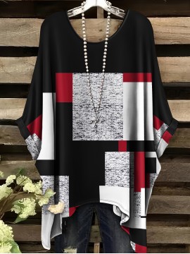 Plus Size - Women'S Plus Size Geometric Print T-Shirt - Casual Crew Neck, Short Sleeve, Asymmetrical Hem, Black & White Design with Red Accents, Comfortable Summer Top, Ladies T Shirts