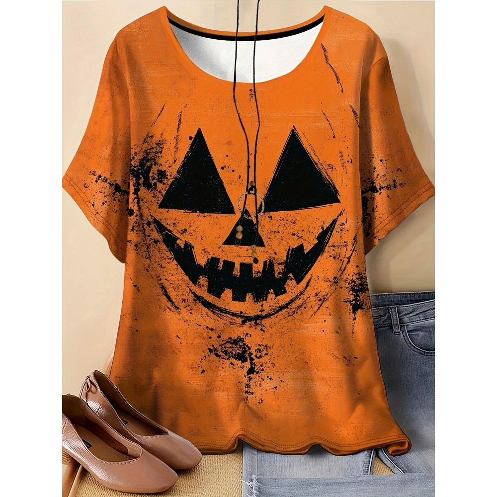 Plus Size, Women's Halloween Pumpkin Face T-Shirt - Purple & Black Spooky Graphic Tee, Plus Size Round Neck Short Sleeve Top for Halloween Party Outfits, Everyday Casual Wear - Machine Washable Costume Apparel, Halloween Clothes