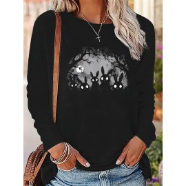 [Plus Size Halloween T-Shirt] Plus Size Women's Halloween Oversized Long Sleeve T-Shirt | Gothic Rabbit Print with Spooky Forest | Black & White Halloween Party Outfit | Casual Everyday Fall/Winter Top | Machine Washable Year-Round Layering Essential