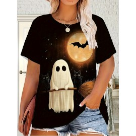 [Halloween Shirts] Plus Size Women's Halloween T-Shirt - Spooky Ghost, Bats & Full Moon Print, Stretchy Round Neck Short Sleeve Top | Casual Summer Outdoor Wear, Elegant & Comfortable Fabric