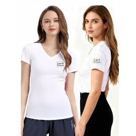 Women'S V-Neck T-Shirt with Left Chest & Sleeve Logo Print, Customizable Personal Design, Soft Breathable Stretch Fabric for Comfortable Movement - Perfect for, Casual Wear, Yoga, Dance & Sports Teams, Comfortable Fit, Durable Construction