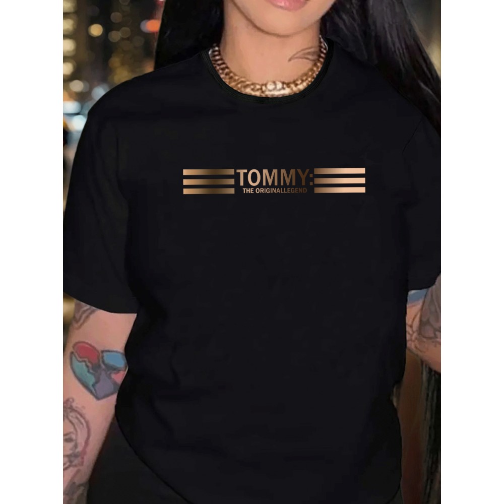 1pc Gradient Three-Stripe TOMMY Printed Women'S Summer Casual Sports T-Shirt Pullover Made of Comfortable And Smooth Polyester And Spandex Short-Sleeve Top.