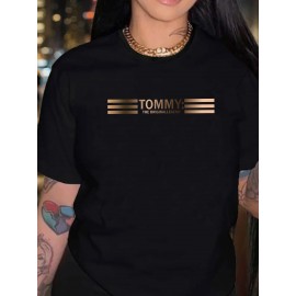 1pc Gradient Three-Stripe TOMMY Printed Women'S Summer Casual Sports T-Shirt Pullover Made of Comfortable And Smooth Polyester And Spandex Short-Sleeve Top.