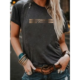1pc Gradient Three-Stripe TOMMY Printed Women'S Summer Casual Sports T-Shirt Pullover Made of Comfortable And Smooth Polyester And Spandex Short-Sleeve Top.