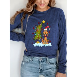 Women'S Christmas Puppy & Tree Graphic Long Sleeve T-Shirt - Soft Breathable Fabric, Stretchy Comfort Fit, Round Neck Casual Holiday Top for All Seasons, Sizes S-XXL, Christmas Shirts, Allseason Apparel, Playful Design, Durable Print