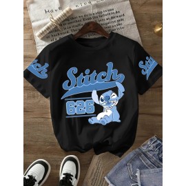 Stitch Graphic Print T-Shirt - Casual & Comfortable Crew Neck with Double Shoulder Straps, Breathable Summer Essential, Red with Blue Stitch Design, Perfect for Parties & Casual Attire, Casual Summer Top | Playful Print Tee | Comfortable Fit