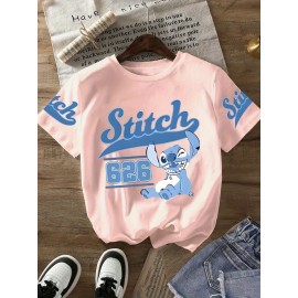 Stitch Graphic Print T-Shirt - Casual & Comfortable Crew Neck with Double Shoulder Straps, Breathable Summer Essential, Red with Blue Stitch Design, Perfect for Parties & Casual Attire, Casual Summer Top | Playful Print Tee | Comfortable Fit