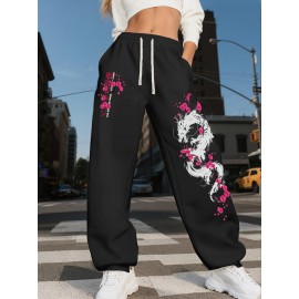 Women'S Y2K Streetwear Joggers - Black with Pink Cherry Blossom & Dragon Print, Elastic Drawstring Waist, Lightweight Summer Casual Sweatpants for Gym, Training & Casual Attire, Jogging Pants, Gym Apparel, Sporty Design, Comfortable Fit