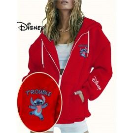 Disney Stitch TROUBLE Women'S Casual Zip-Up Hoodie - Front Zipper Design, Pink Cartoon Print, Cozy Fall/Winter Jacket with Hood, Cute Hoodies