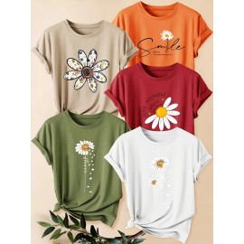 [Versatile Summer T-Shirt Set] 5pcs Versatile Summer T-Shirt Set, Women's Simple Floral Short Sleeve Chrysanthemum Print Round Neck Loose Fit Casual Fashionable Commute Vacation Everyday Top in Multiple Colors 1XL-5XL