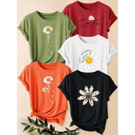 [Versatile Summer T-Shirt Set] 5pcs Versatile Summer T-Shirt Set, Women's Simple Floral Short Sleeve Chrysanthemum Print Round Neck Loose Fit Casual Fashionable Commute Vacation Everyday Top in Multiple Colors 1XL-5XL